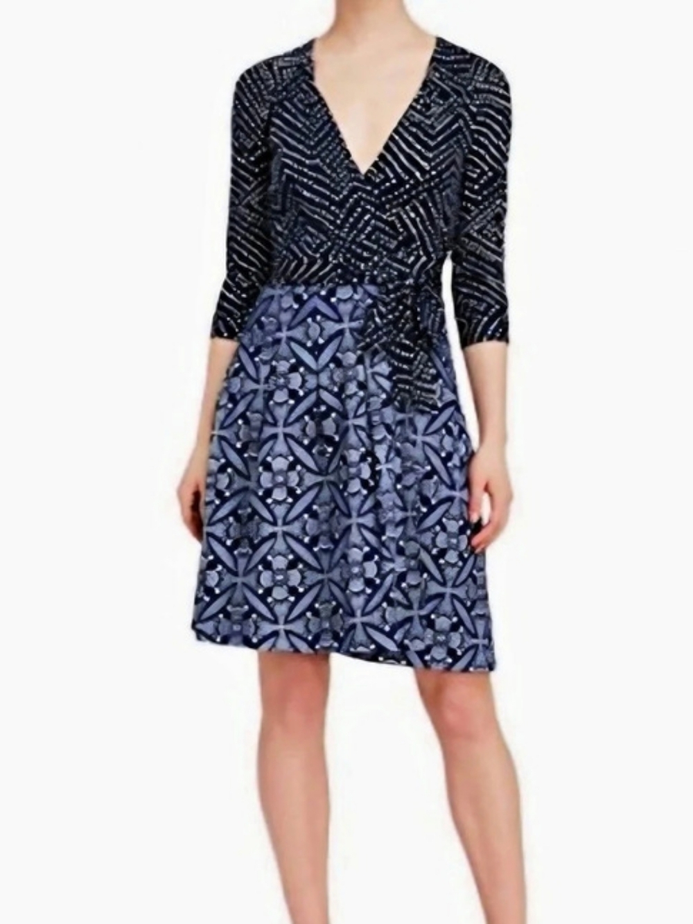 Diane von Furstenberg Blue Jewel Mixed-Print Pleated Wrap Dress Size 4